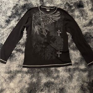 No Boundaries Black and Gray Graphic Crewneck Sweater